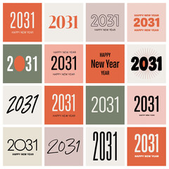 Modern 2031 typography collection featuring bold, minimal, and creative New Year design styles layouts.