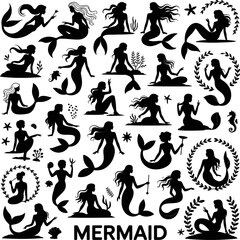 Elegant black mermaid silhouette illustration set featuring mythical sea maidens in graceful poses, tridents, flowing hair, and decorative aquatic elements.