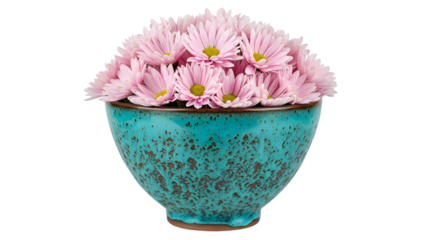 A turquoise ceramic vase with brown speckles filled with pink daisies with yellow centers isolated on a transparent background