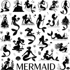 Elegant black mermaid silhouette illustration set featuring mythical sea maidens in graceful poses, tridents, flowing hair, and decorative aquatic elements.