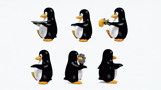 Tux Penguin Icons Holding Tools and Objects White Background