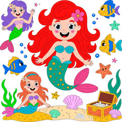 Cheerful cartoon mermaid illustration featuring smiling red-haired sea princess surrounded by colorful fish, playful children, treasure chest, and underwater fantasy elements.