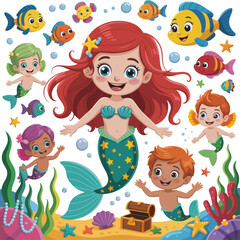 Cheerful cartoon mermaid illustration featuring smiling red-haired sea princess surrounded by colorful fish, playful children, treasure chest, and underwater fantasy elements.