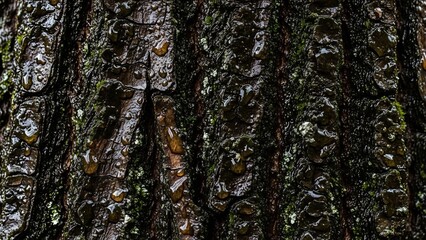 Fototapeta premium Dark, textured tree bark with glistening water droplets and mossy green patches