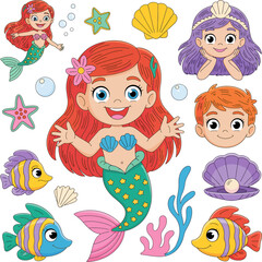 Cheerful cartoon mermaid illustration featuring smiling red-haired sea princess surrounded by colorful fish, playful children, treasure chest, and underwater fantasy elements.