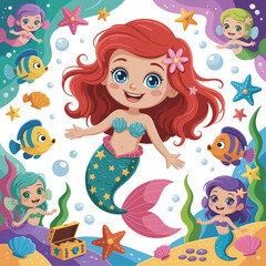 Cheerful cartoon mermaid illustration featuring smiling red-haired sea princess surrounded by colorful fish, playful children, treasure chest, and underwater fantasy elements.