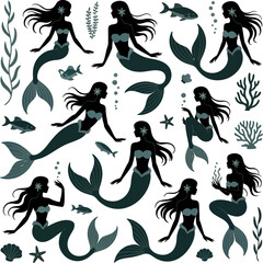 Collection of dark teal mermaid illustrations with flowing hair, expressive poses, and underwater elements in a cohesive fantasy vector style.