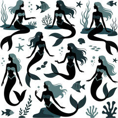 Collection of dark teal mermaid illustrations with flowing hair, expressive poses, and underwater elements in a cohesive fantasy vector style.