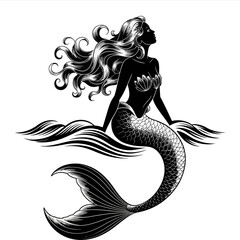 Stylized black silhouette illustration of a mermaid sitting in water with flowing hair and curved tail, fantasy ocean artwork.