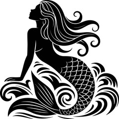 Stylized black silhouette illustration of a mermaid sitting in water with flowing hair and curved tail, fantasy ocean artwork.