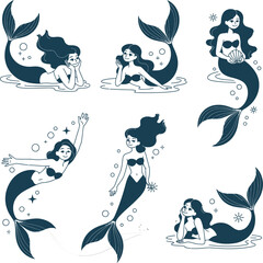 Set of elegant mermaid illustrations featuring flowing hair, graceful poses, and underwater elements in a modern flat vector style.