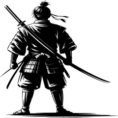 Black ink silhouette of a traditional samurai warrior standing confidently with sword, conveying strength, honor, discipline.