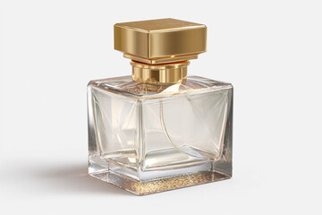 Luxurious clear perfume bottle with gold cap on white background