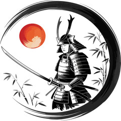 Stylized illustration of an armored samurai warrior holding a katana, framed by a Japanese sun circle and brushstroke design.
