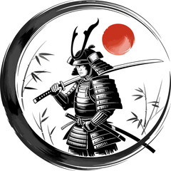 Stylized illustration of an armored samurai warrior holding a katana, framed by a Japanese sun circle and brushstroke design.