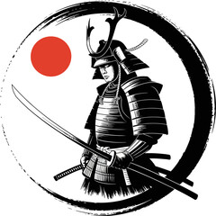 Stylized illustration of an armored samurai warrior holding a katana, framed by a Japanese sun circle and brushstroke design.