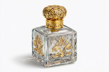 Luxurious crystal perfume bottle with gold accents and intricate design