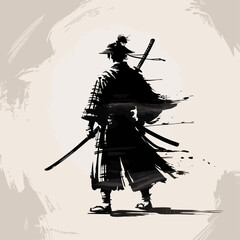 Dramatic silhouette of a lone samurai warrior holding a katana, rendered in brushstroke style, symbolizing honor, tradition, and Japanese martial heritage.