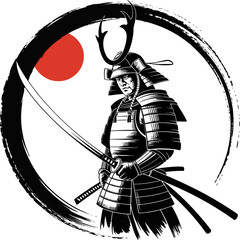 Stylized illustration of an armored samurai warrior holding a katana, framed by a Japanese sun circle and brushstroke design.