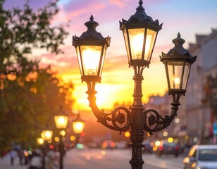 close up Street lights at sunset, street in the city of night background