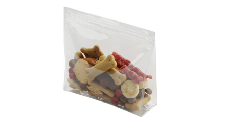 Clear cellophane bag displays various dog treats in studio lighting, perfect for product photography and branding mockups.