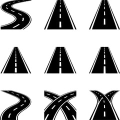 Black road icon set showing straight, curved, and intersecting highways for navigation, transportation, infrastructure, and route design concepts.