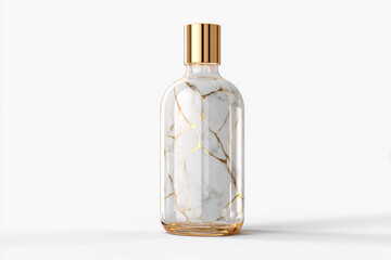 Elegant clear glass perfume bottle with gold accents and marble effect