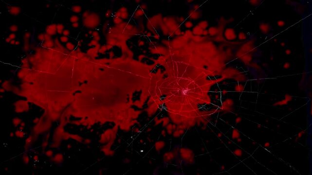 A graphic burst of red blood explodes from the impact point on a shattered windshield, simulating a violent car crash. Ideal for action, drama, or road safety visuals