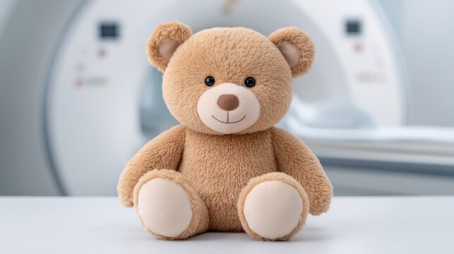 Soft Teddy Bear in a Clinical Environment with MRI Machine in Background for Pediatric Imaging and Healthcare Concepts