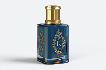 Luxurious blue perfume bottle with gold accents and ornate design