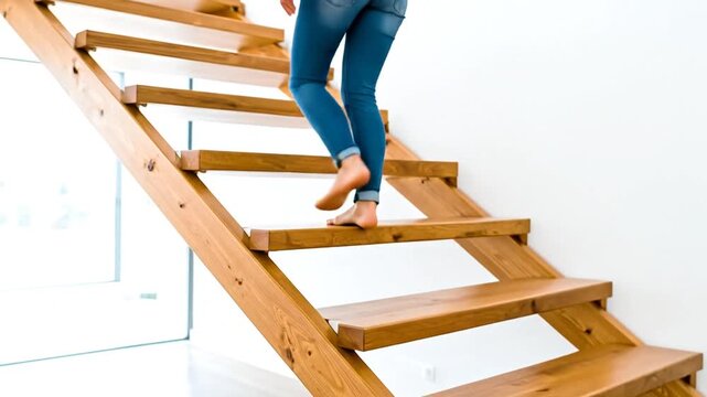 Person ascends a wooden staircase, clad in blue jeans and a dark top, against a white wall