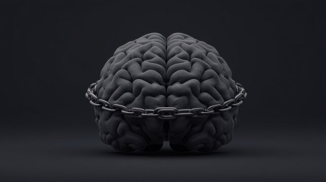 Realistic gray brain model bound by heavy metal chain on dark background symbolizing restriction, control, and confinement of thoughts or mental processes