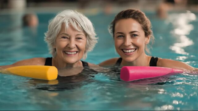 A joyful senior woman and a younger woman smiling brightly during a water exercise class in a pool, holding colorful floats. - Powered by Adobe