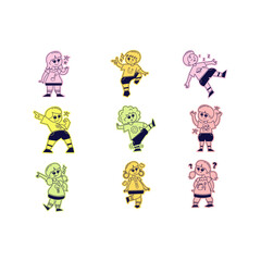 Fototapeta premium Adorable Set of Cartoon Child Characters and School Mascots Representing Different Academic Interests such as Science, Music, Arts, and Technology in a Retro Sticker Illustration Style.