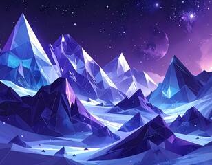 Geometric mountains under a starry night sky with a purple hue