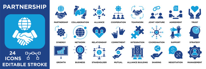 partnership icon collection set. Containing collaboration, teamwork, trust, alliance, growth, negotiation, strategy, and management. dual tone vector