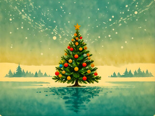 Christmas tree in vintage style as old card in nature on frozen river or lake and snow