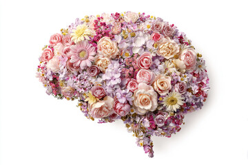 Vibrant floral brain arrangement with roses and daisies on white