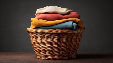 Neatly Stacked Soft Textiles in a Woven Basket with a Dark Background for Home and Lifestyle Decor, Laundry Concepts, or Cozy Interiors