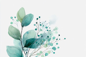 Elegant watercolor leaves and branches in soothing teal hues