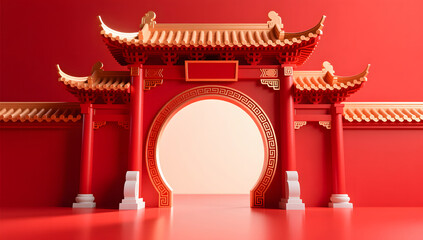 Modernized traditional archway in a red ceremonial space