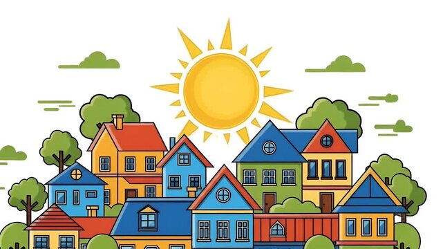 Vibrant Cartoon Houses Under A Bright Yellow Sun Animation Loop