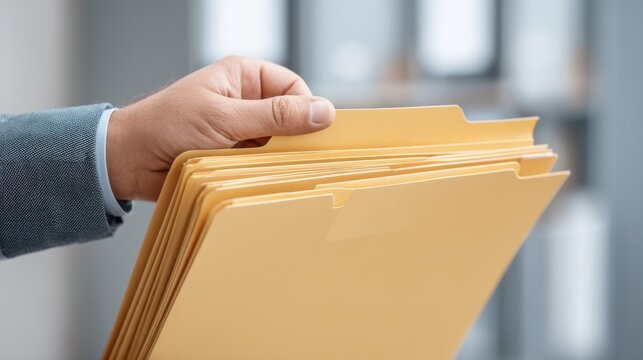 Person Holding Yellow Folder Files in Office Environment with Papers and Documents in Background, Organized Workspace Concept