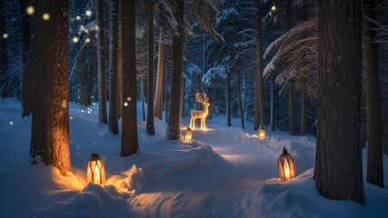 A serene winter forest scene with glowing lanterns and a deer statue at night in snow covered trees with warm lights