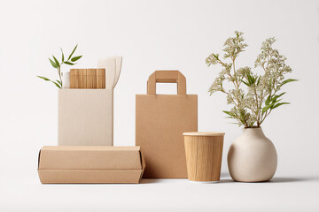 Eco friendly paper food containers and plant in vase on white background