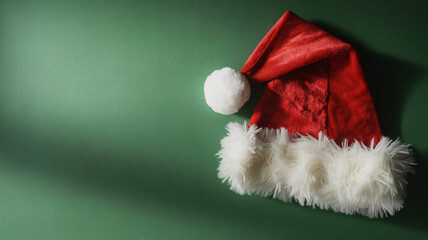Santa hat on green background with white fur trim and pom pom
