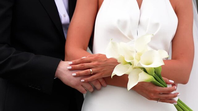 Close-up shot showcasing a bride in a stunning white gown holding calla lilies. The focus on her hands and ring, with soft lighting, creates a romantic, intimate ambiance.
