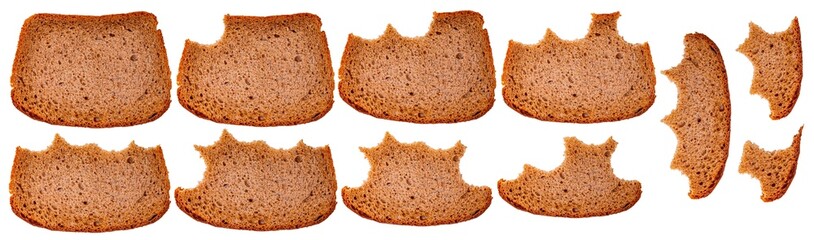 Isolated collection of bitten and whole rye bread slices on white background