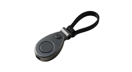 Dark gray fob with textured black strap stands out against black background. Use for product photography, digital design, or tech branding.