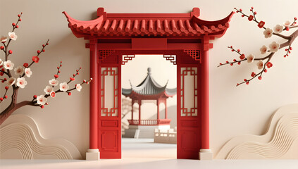 Relief Chinese gate with plum decoration